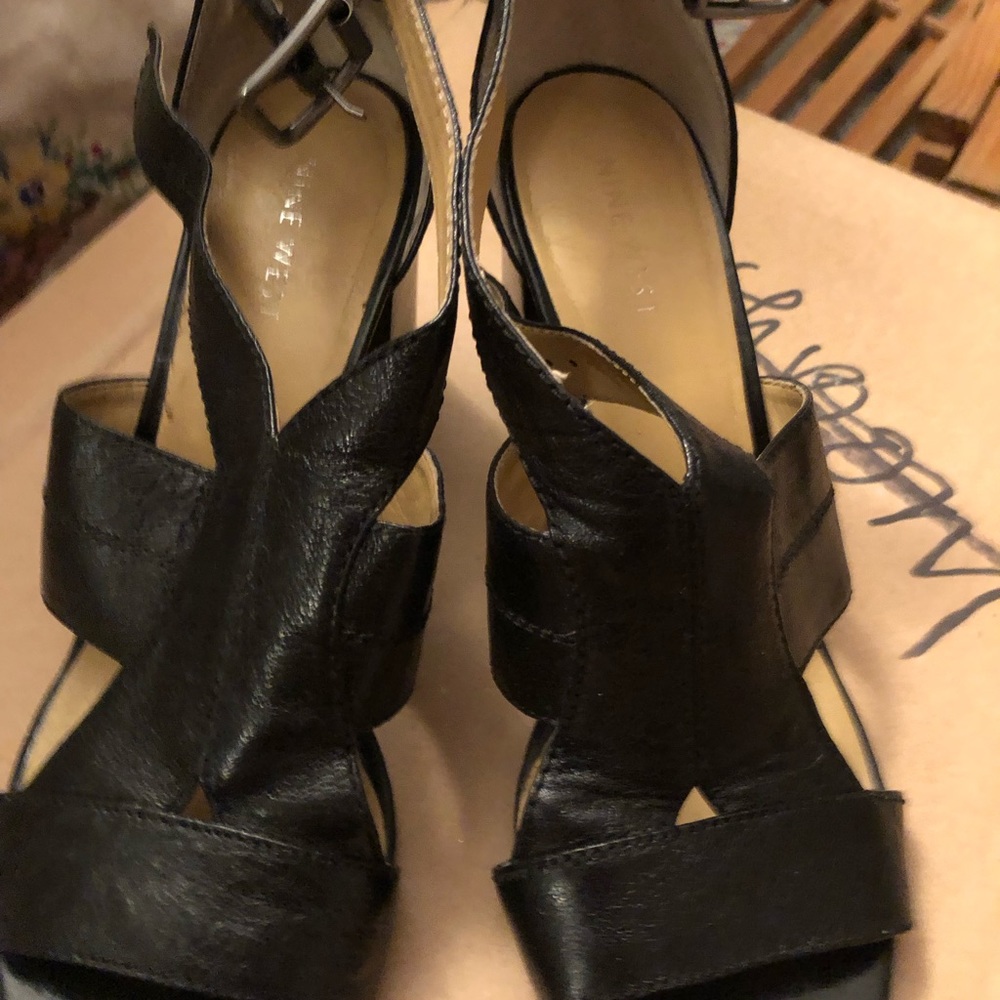 Black heeled 9 West leather sandals